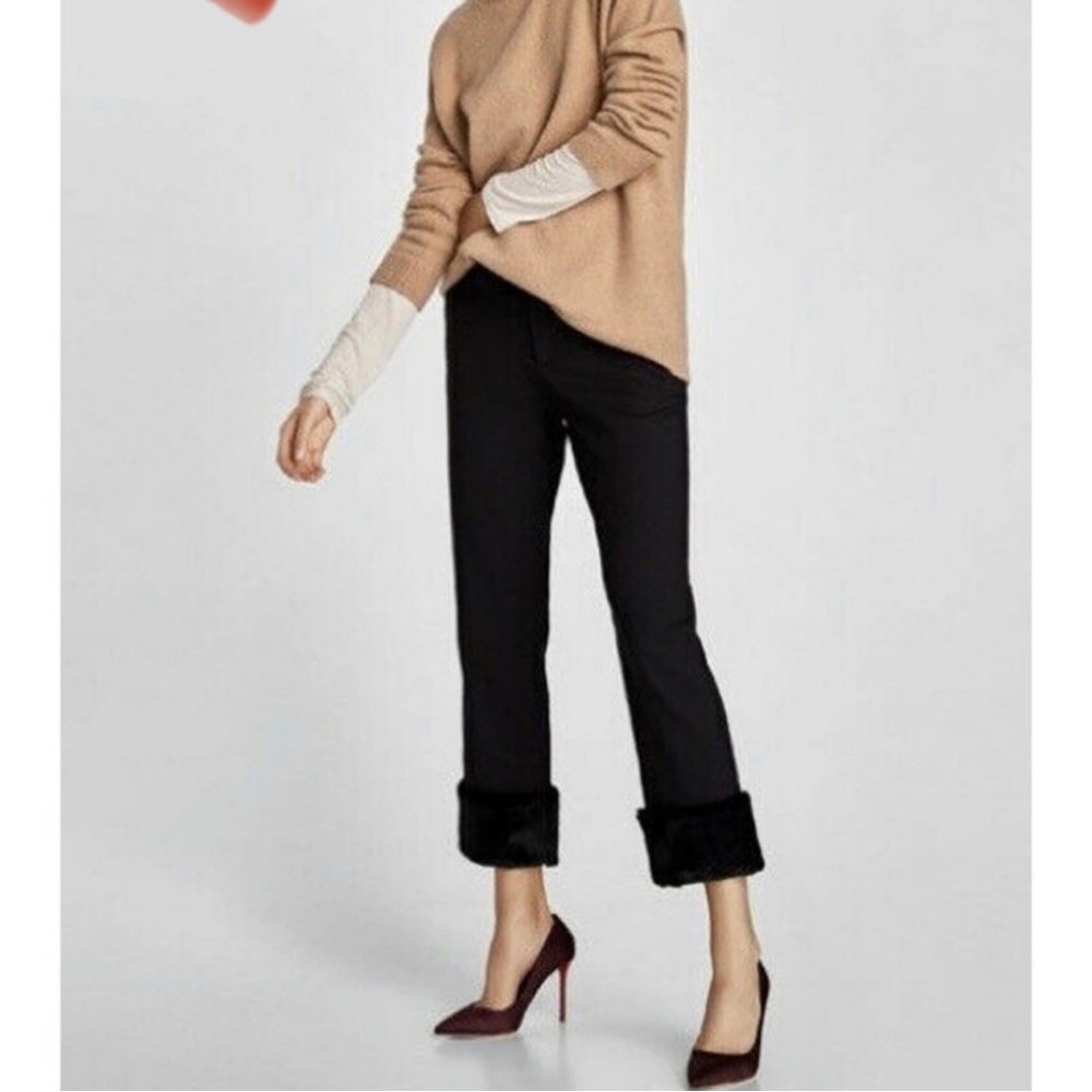 Zara Black Cropped Trousers w/ Faux Fur Hem – Chic Tailored Pants, XS, NWT